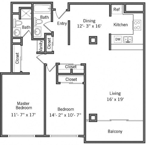 Floor plan for 2 beds, 2 baths, 1490 sqft